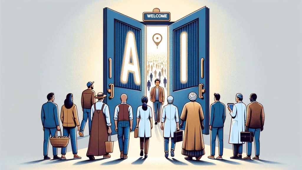 A vector scene showing people from all walks of life accessing a large, open doorway marked 'AI', symbolizing OpenAI's mission to democratize AI access.